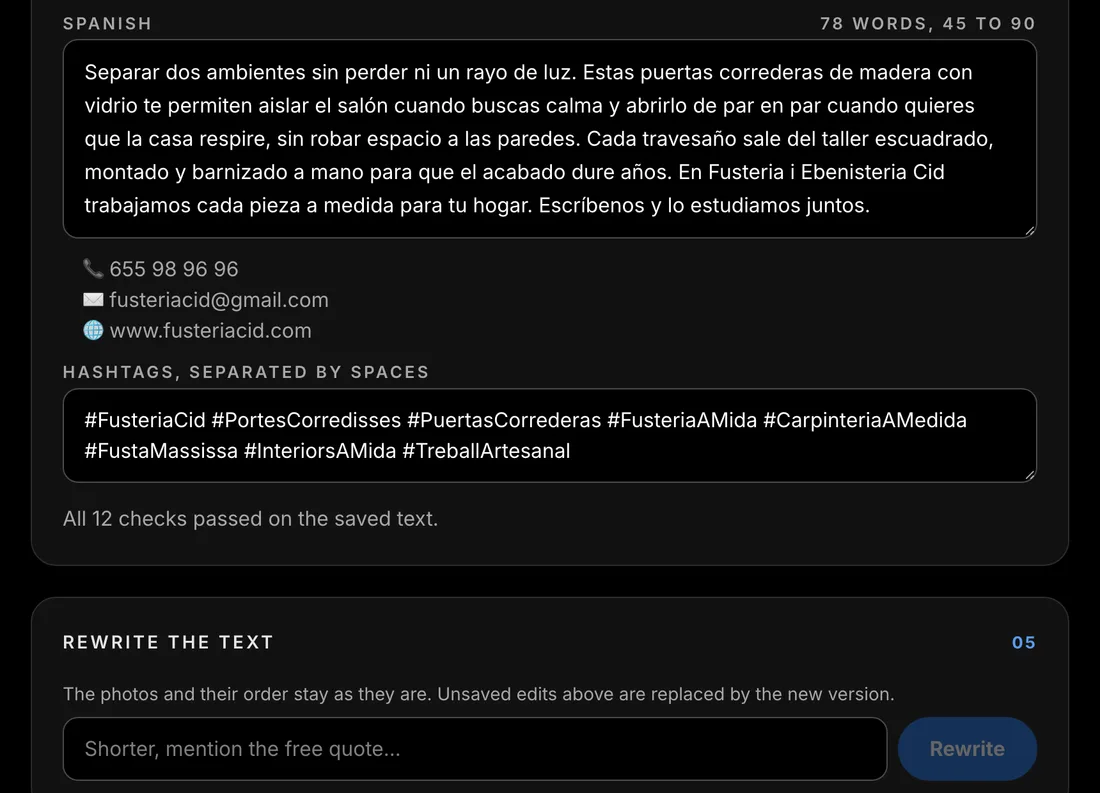 Texto revisado, comprobaciones y caja para pedir cambios