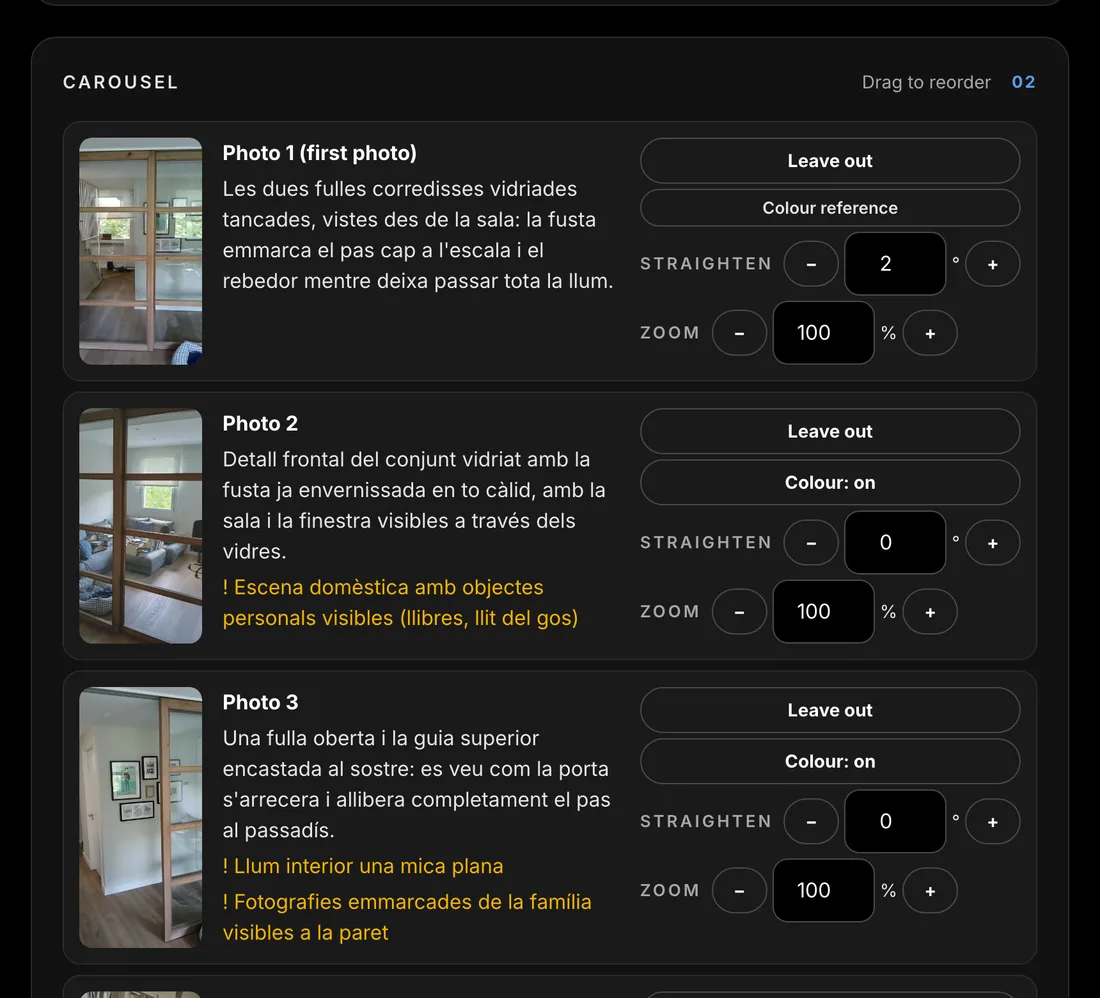 Editor del carrusel con controles para enderezar y acercar